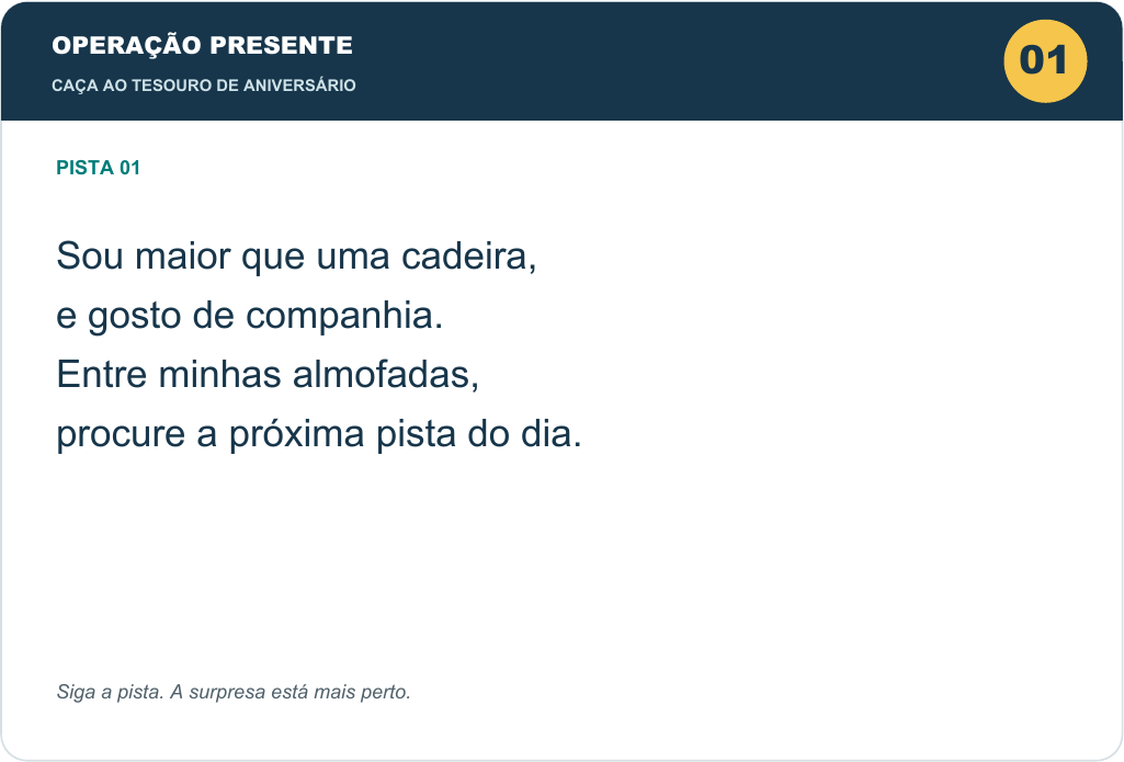Pista 01 colorida: um enigma que leva ao sofá.