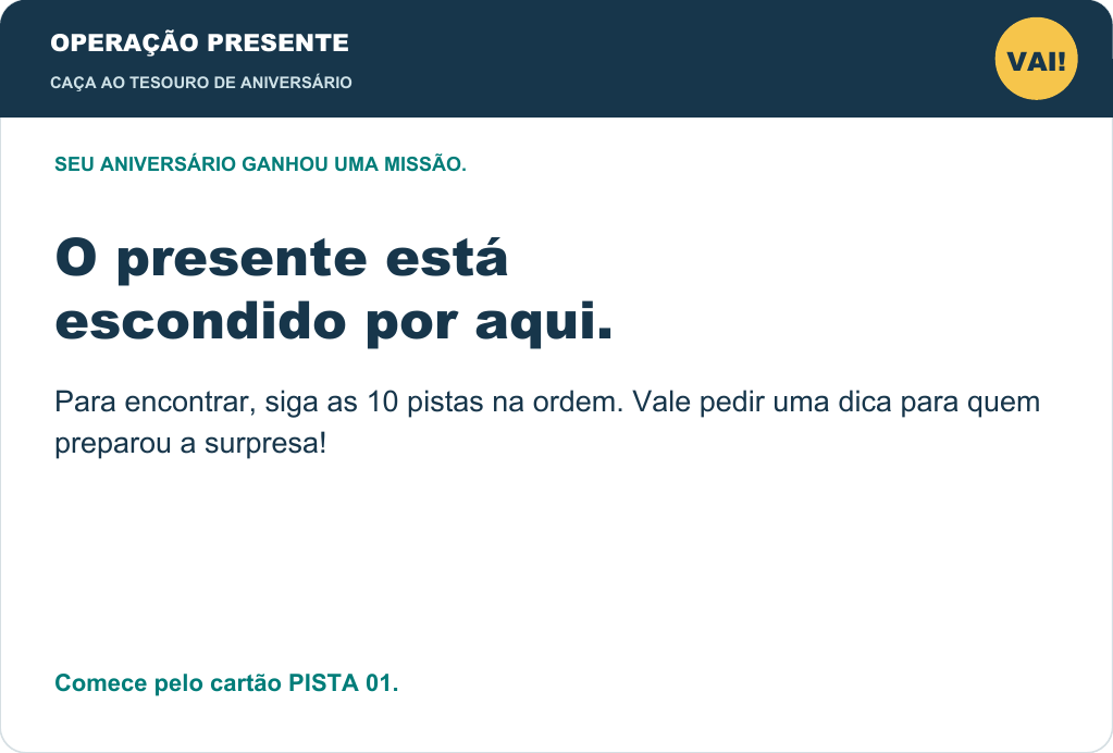 Cartão de abertura do kit infantil: O presente está escondido por aqui.