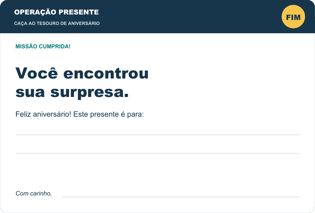 Cartão final: Você encontrou sua surpresa, com espaço para uma mensagem escrita à mão.